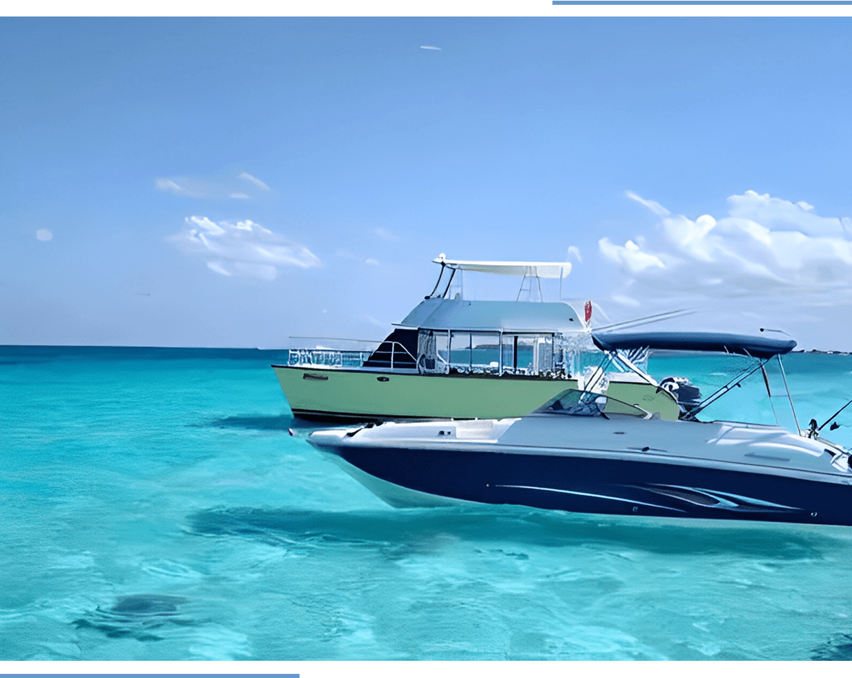 Two boats anchored on clear turquoise water.