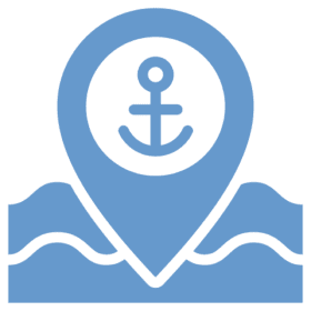 Anchor icon on water with location pin.
