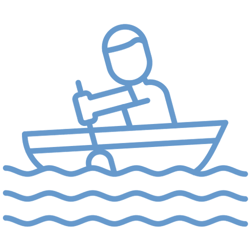 Person rowing boat on wavy water illustration.