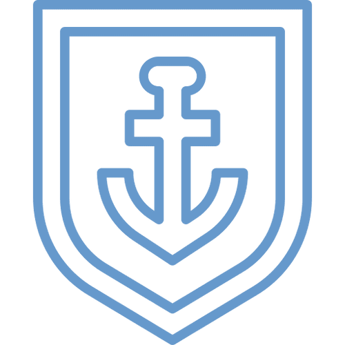 Blue anchor emblem inside shield outline.